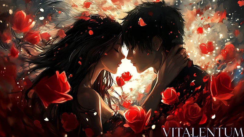 Two figures in profile face each other amid abundant red rose compositions