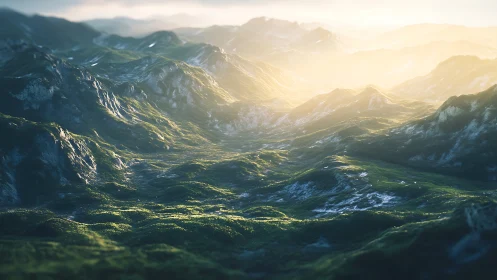 Sunlit mountain valley with distant ridges in hazy light.