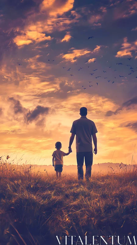 Father and child silhouettes stand in field under glowing sky