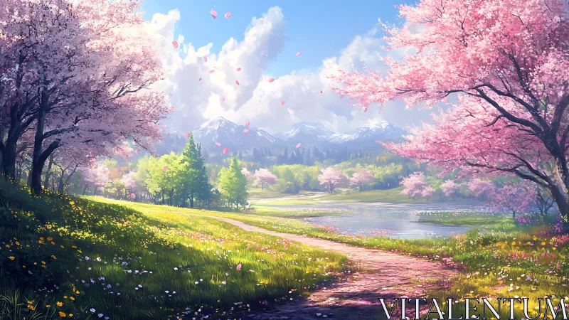 Spring valley landscape renders layered depth with blooming cherry trees