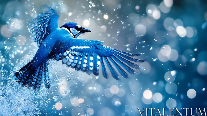 Blue Jay in Flight with Sparkling Bokeh, Vibrant Artistic Style.