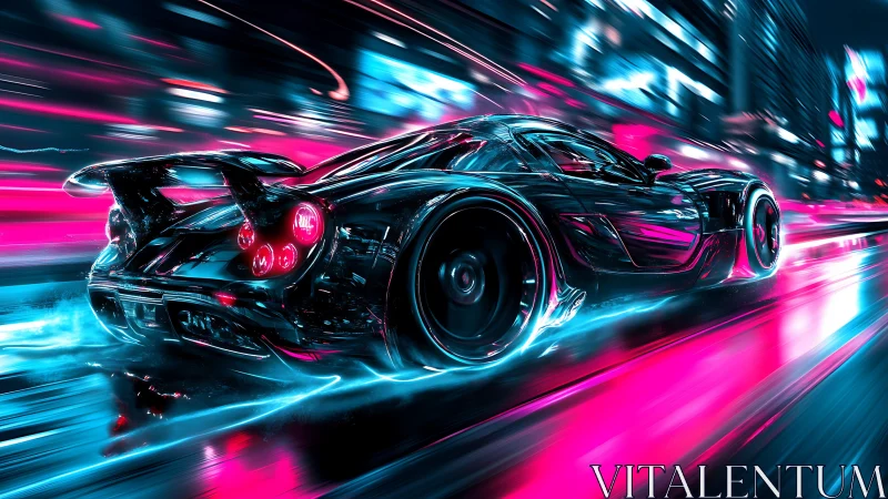 Neon hypercar blasts through wet cyberpunk city streets.