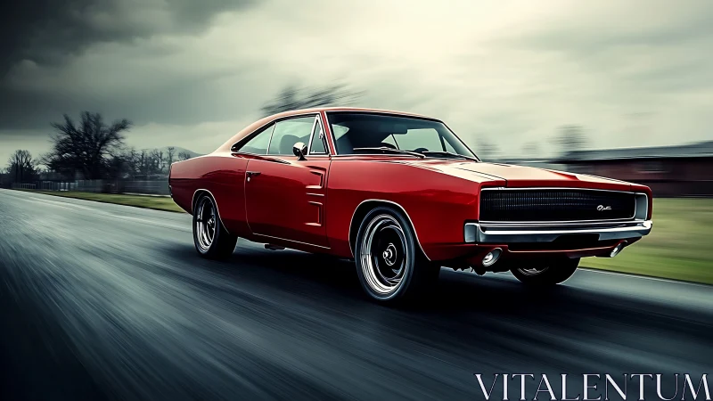 Red classic muscle car speeding on wet rural road.