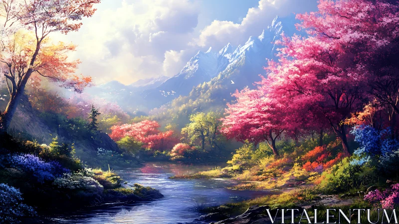 Sunlit mountain river winding through bright spring forest.