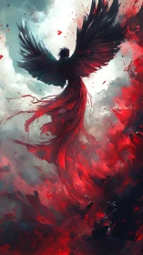 Winged dark figure in red clouded environment observed.