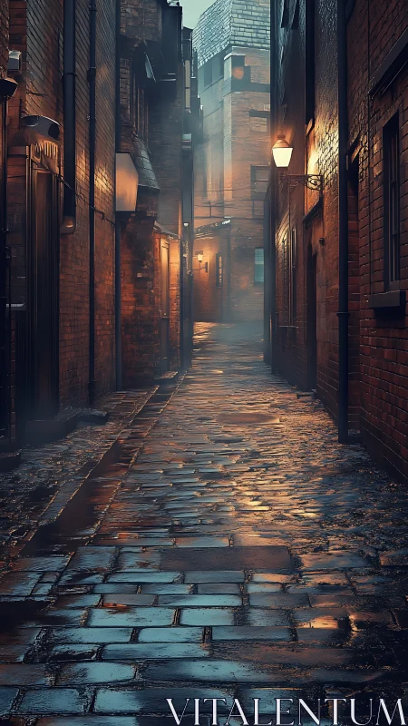 Rain slicked brick alley glows under misty lamplight at dusk