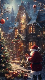 Snow laden cottage facade illuminated as Santa inspects wrapped gifts