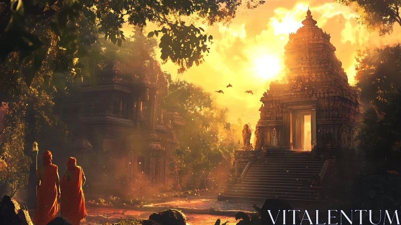 Golden sunrise bathes jungle temple and robed monks.