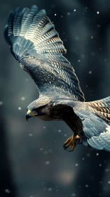 Soaring raptor glides through snow in moody winter sky.