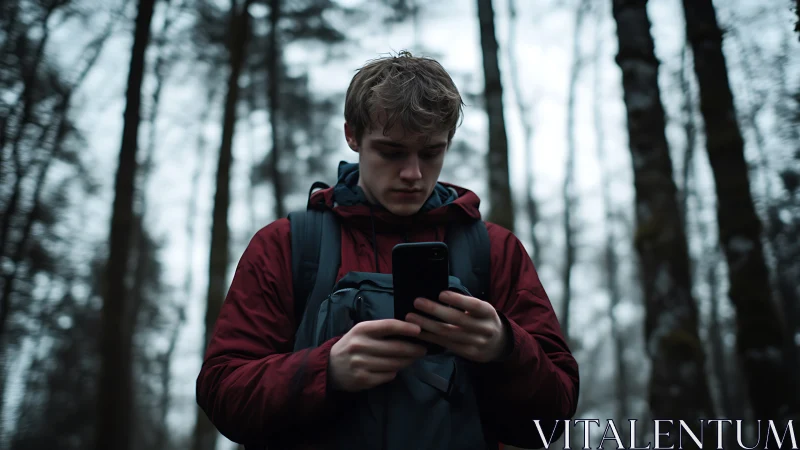 Focused hiker in overcast forest checks smartphone navigation system