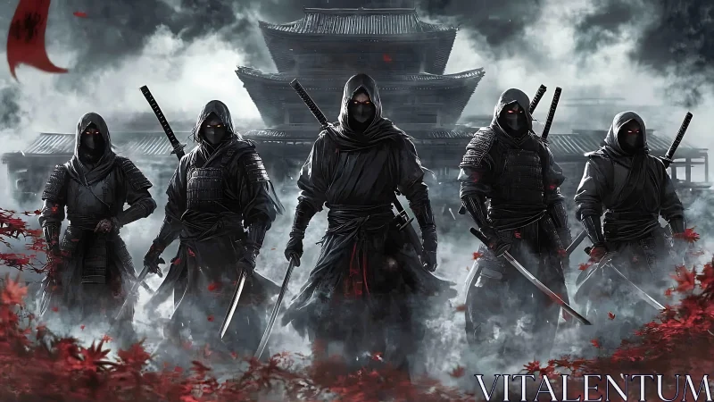 Armored ninja vanguard advances through mist before pagoda