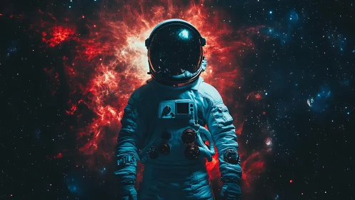 Starlit astronaut stands calmly before a blazing red nebula