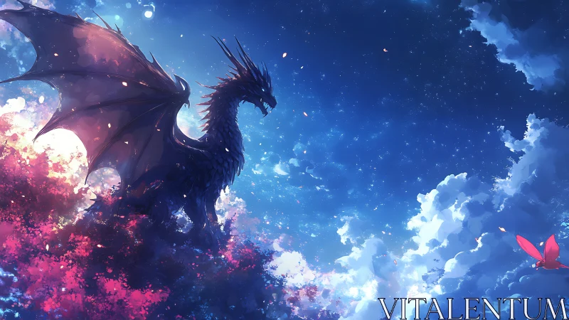 Starlit dragon watches glowing butterfly over nebula clouds.
