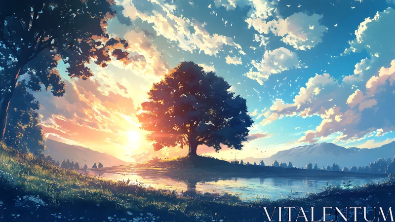 Central tree stands by reflective water at low sun angle