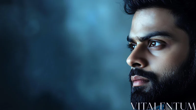 Close-up portrait of bearded man in cool blue light.