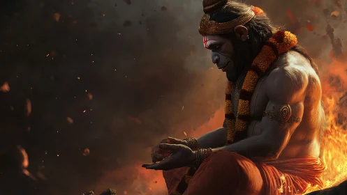 Hanuman figure kneels in flames holding glowing embers