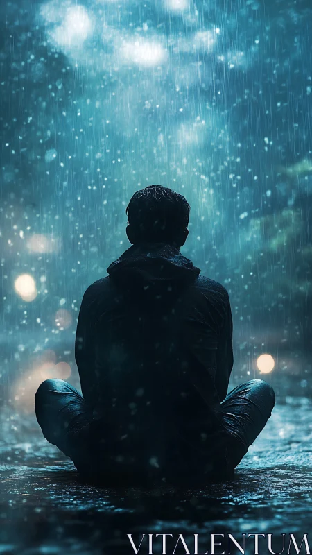 Solitary figure sitting in heavy night rain on wet street.