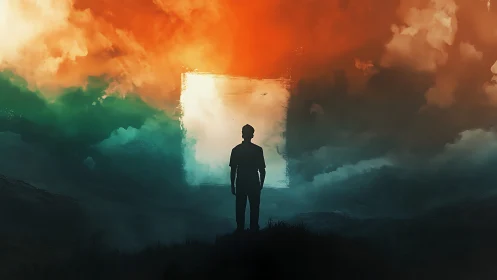 Silhouetted figure before luminous abstract portal landscape.