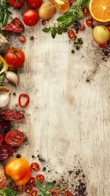Assorted vegetables and spices border a worn wooden surface