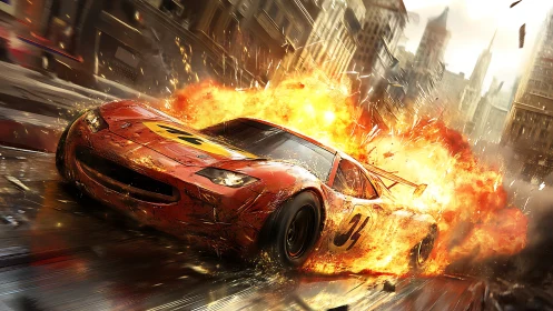Flaming red race car tears through a city street explosion