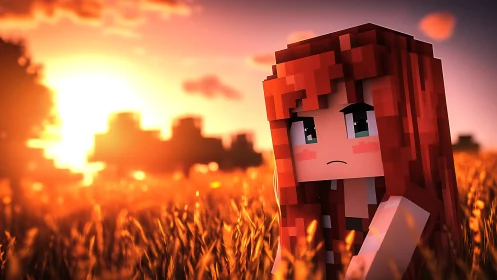 Voxel sunset heroine in volumetric-lit wheat field tableau.