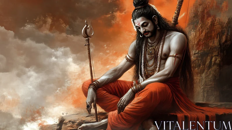 Meditative warrior sage in fiery divine landscape digital art.