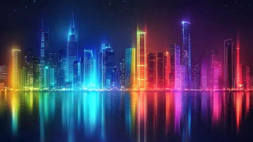 Neon skyline dreams over a glowing rainbow harbor.