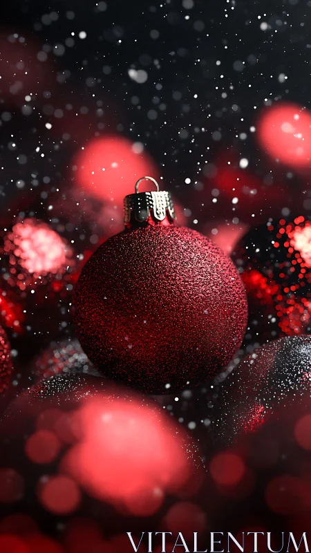 Macro red glitter bauble with shallow depth and snowfall bokeh