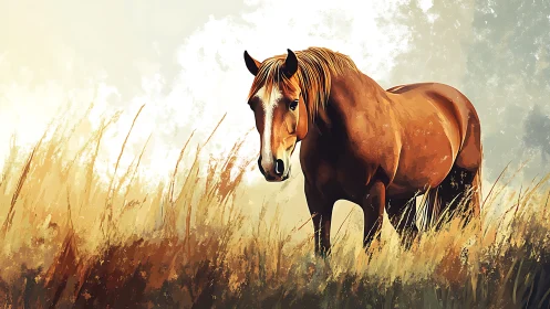 Sunlit chestnut wanderer pausing in a sea of wild grass.