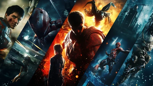 Sci-fi warriors in diagonal cinematic battle montage poster.