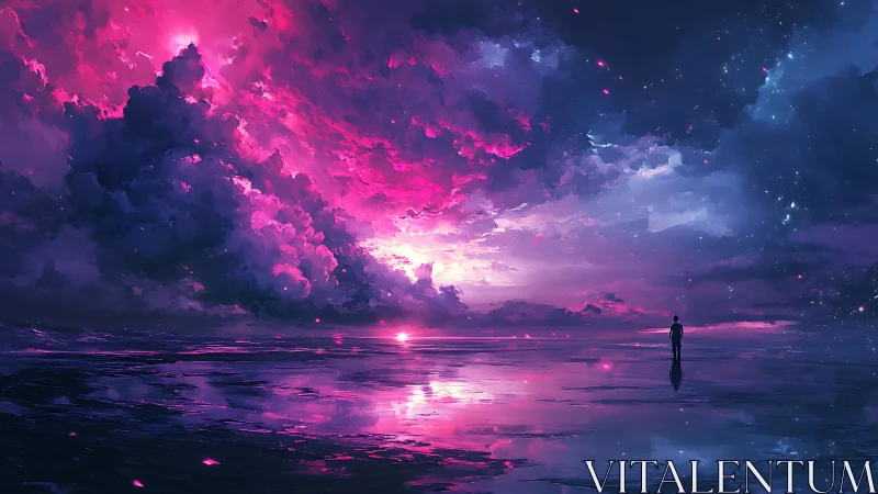 Solitary dreamer walks beneath a tidal bloom of cosmic dusk