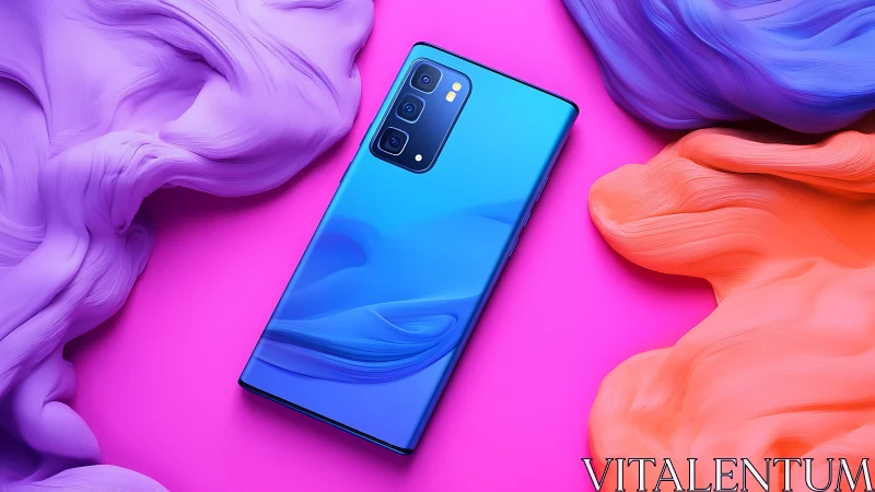 Blue smartphone on pink backdrop with colorful swirls.