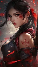 Bloodstained cyber kunoichi portrait in dynamic red bokeh