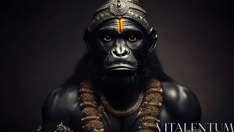Regal gorilla deity in ornate golden ceremonial jewelry.