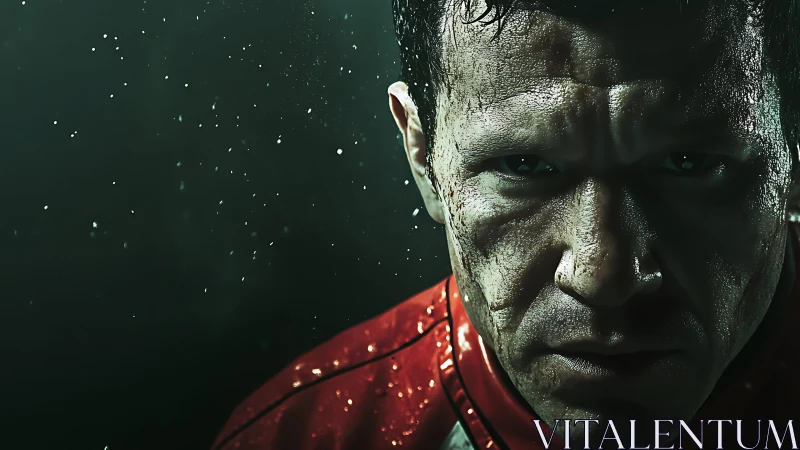 Photorealistic gritty athlete portrait in dramatic low key lighting.
