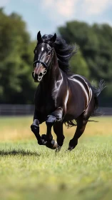 Powerful black horse runs freely across a sunny green field