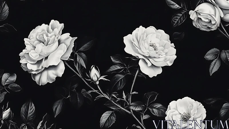 Moonlit Garden: Elegant White Roses in Darkness.