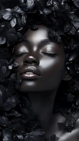 Serene portrait wrapped in glossy midnight petals and light.
