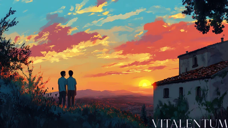 Two figures observe sunset over hills beside rural house