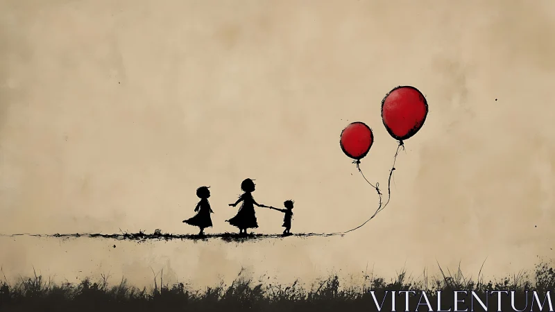 Minimalist silhouette children with red balloons on beige field.