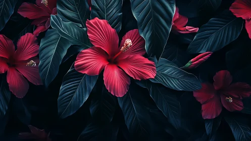 Crimson hibiscus blooms nestled within deep teal foliage on dark background.