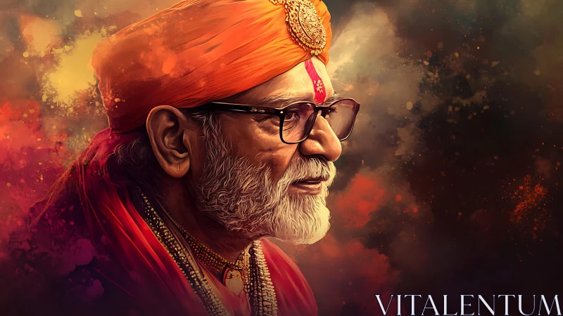 Elderly spiritual man in orange attire viewed in profile