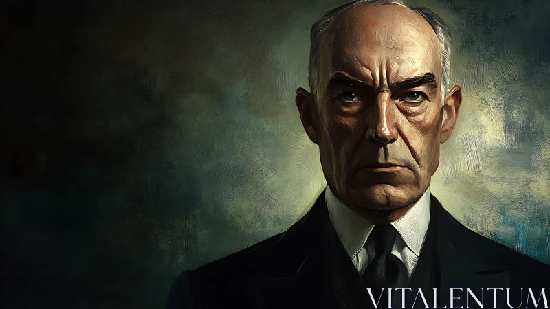 Severe male portrait uses directional lighting and textured brushwork