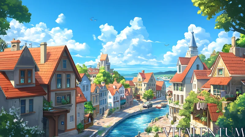 Canal passes through compact town with pitched roof houses