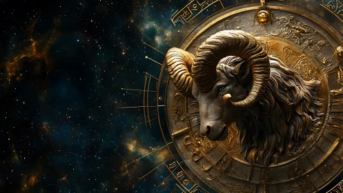 Golden Aries zodiac ram sculpture set against deep space.