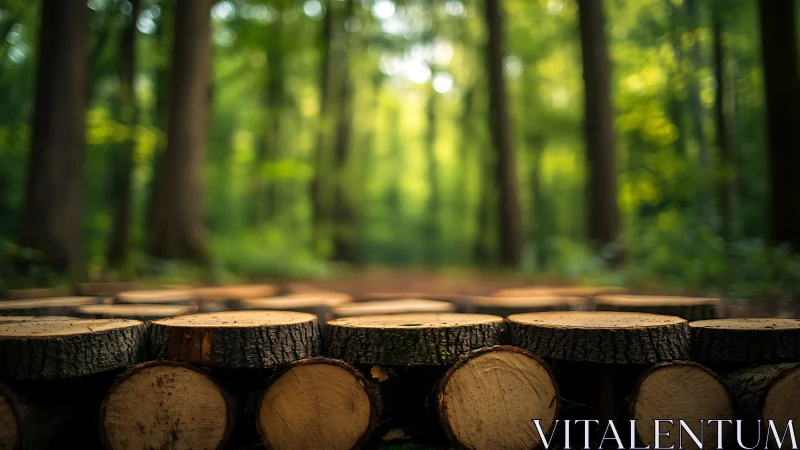 Stacked timber logs with depth-of-field bokeh in deciduous forest environment