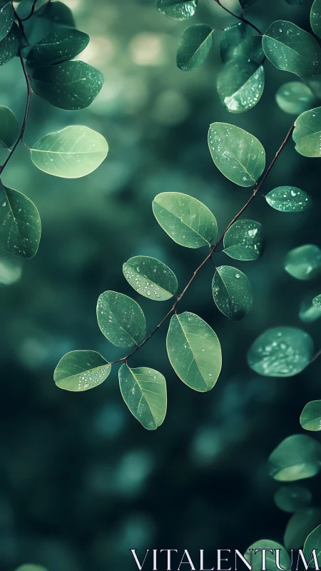 Gentle raindrops resting on soft green spring leaves.