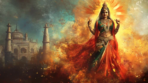 Radiant Hindu goddess strides before ancient palace ruins