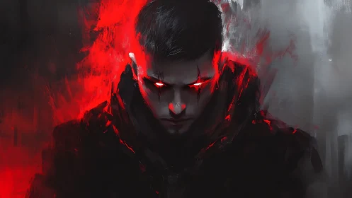 Dark hooded figure glares forward with burning red eyes