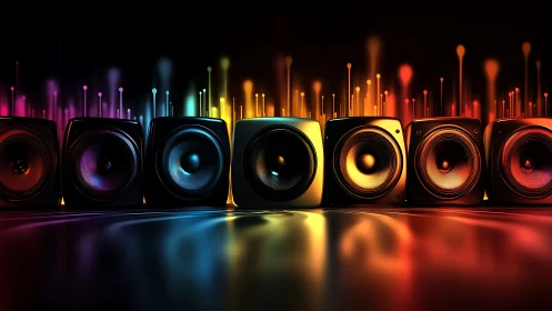 Colorful speakers with equalizer light trails on black background.